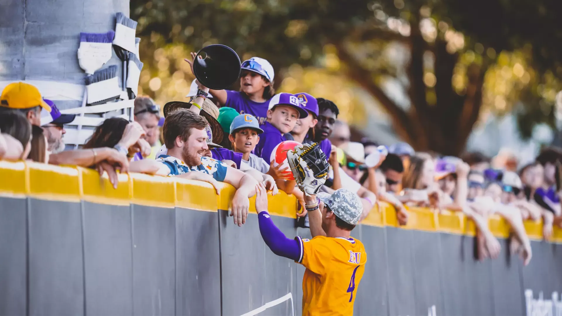 East Carolina baseball player in purple and gold uniform interacting with excited fans behind yellow railing